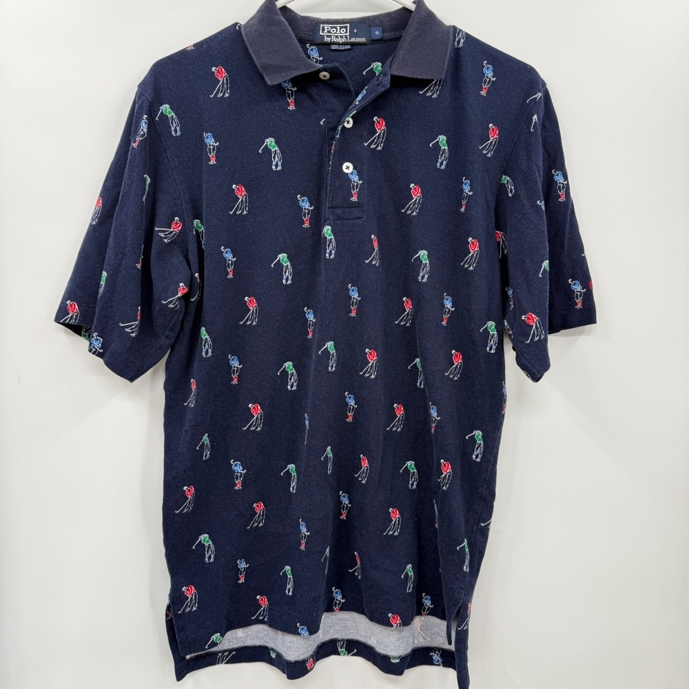 Polo Ralph Lauren Mens Golf Print Navy Blue Cotton Short Sleeve Polo‎ Shirt  S